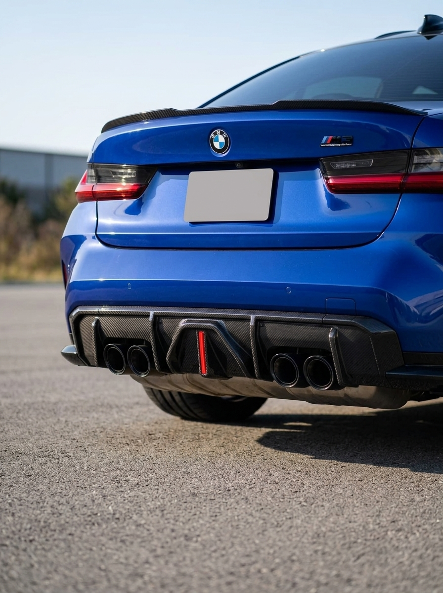 BMW 3 Series G80 M3 G82 G83 M4 carbon fiber rear diffuser with LED lights, designed for 2019-2024 models by K2 Industries.