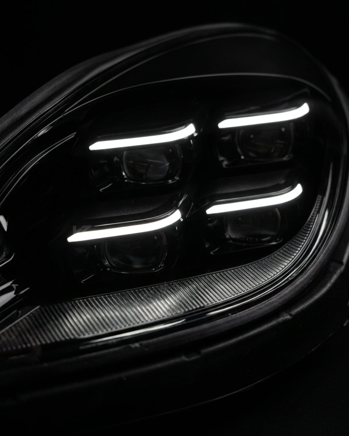 K2 Industries Porsche Macan 95B LED headlight assembly with daytime running lights, 2014-2020, upgrade to 95B.3 style.
