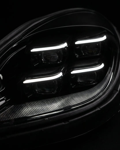 K2 Industries Porsche Macan 95B LED headlight assembly with daytime running lights, 2014-2020, upgrade to 95B.3 style.