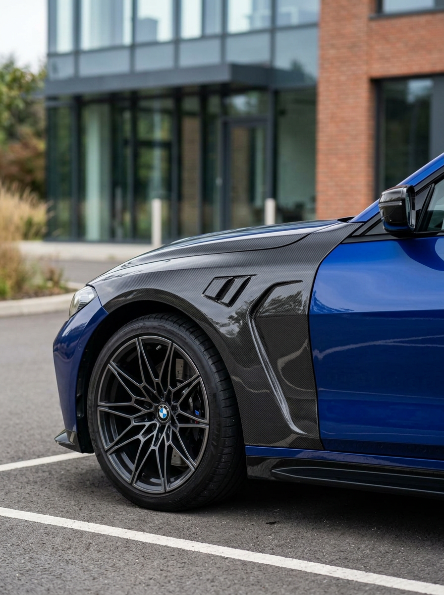BMW 4 Series G82 M4 carbon fiber fenders by K2 Industries, showcasing sleek, lightweight carbon fiber design on the vehicle.