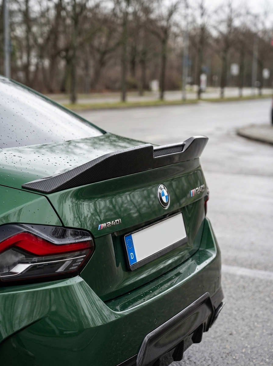BMW 2 Series G42 MP Style carbon fiber spoiler by K2 Industries, showcasing the sleek, aerodynamic design on a 2022+ model.