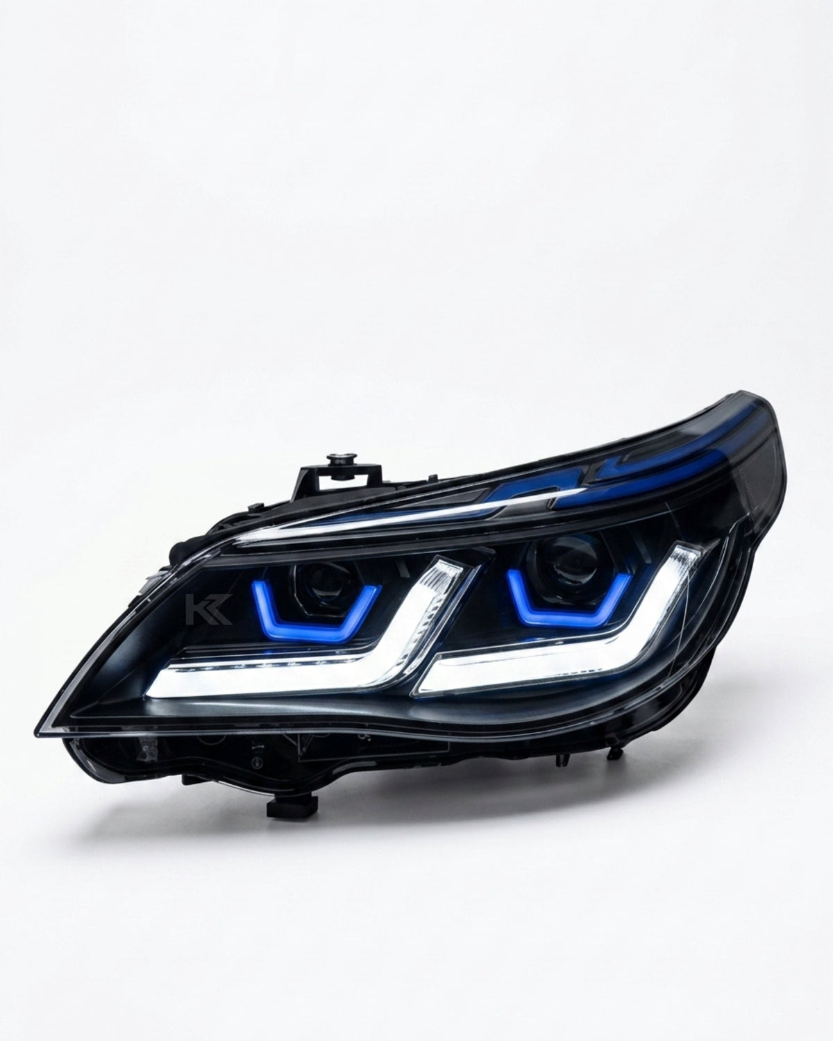 Pair of BMW 5-Series E60 E61 LED headlights by K2 Industries, showcasing modern style with clear lens and integrated daytime running lights.