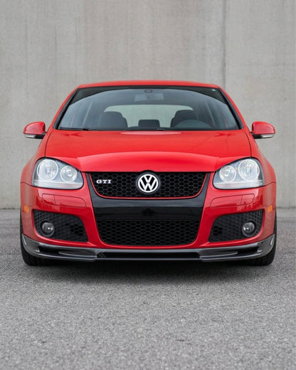 Volkswagen Golf GTI MK5 front bumper splitter in carbon fiber, designed for 2006-2009 models, by K2 Industries.