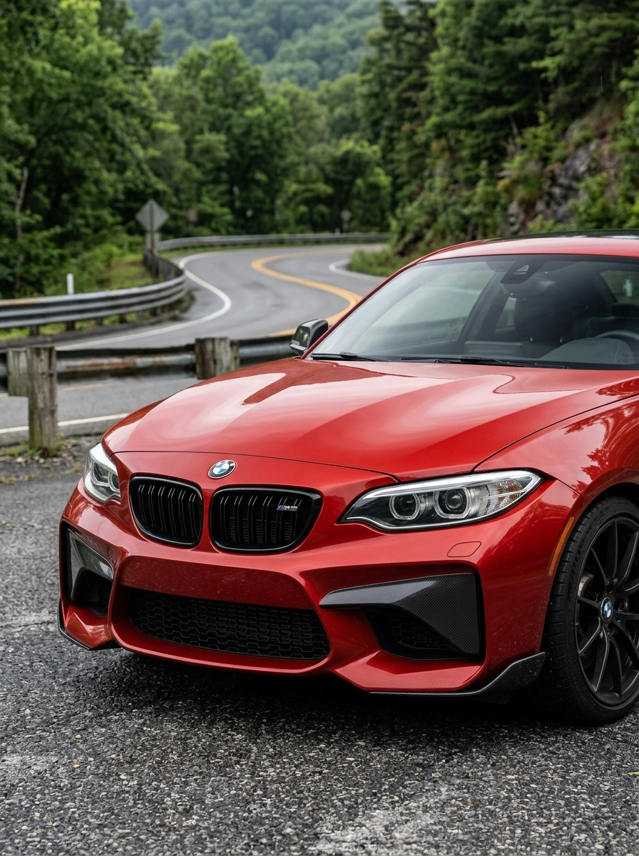 BMW 2 Series M2 F87 carbon fiber front flaps by K2 Industries, designed for 2014-2021 models, showing sleek aerodynamic details.