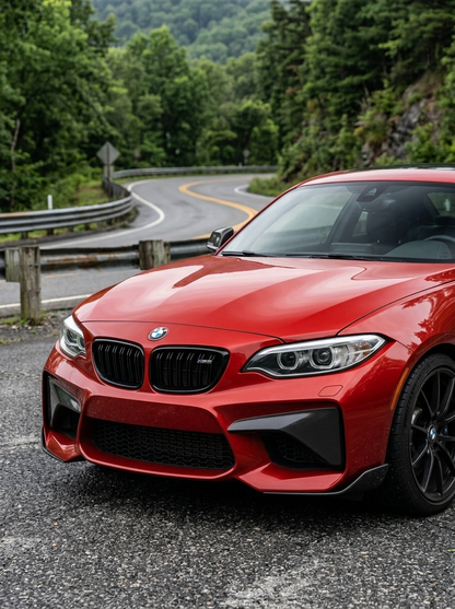 BMW 2 Series M2 F87 carbon fiber front flaps by K2 Industries, designed for 2014-2021 models, showing sleek aerodynamic details.