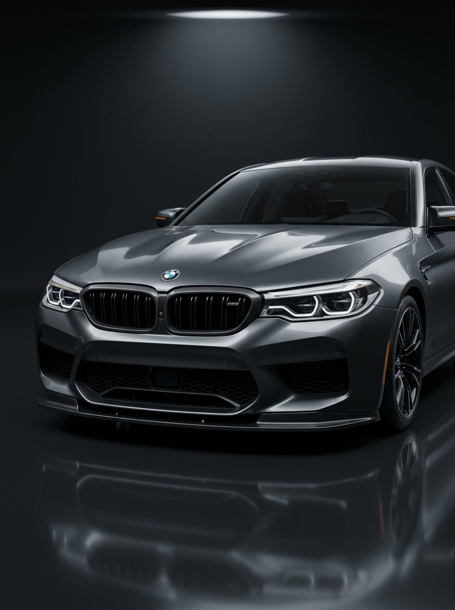 BMW 5 Series G30 carbon fiber front grille by K2 Industries, showing the sleek, textured carbon fiber design on the car's front.