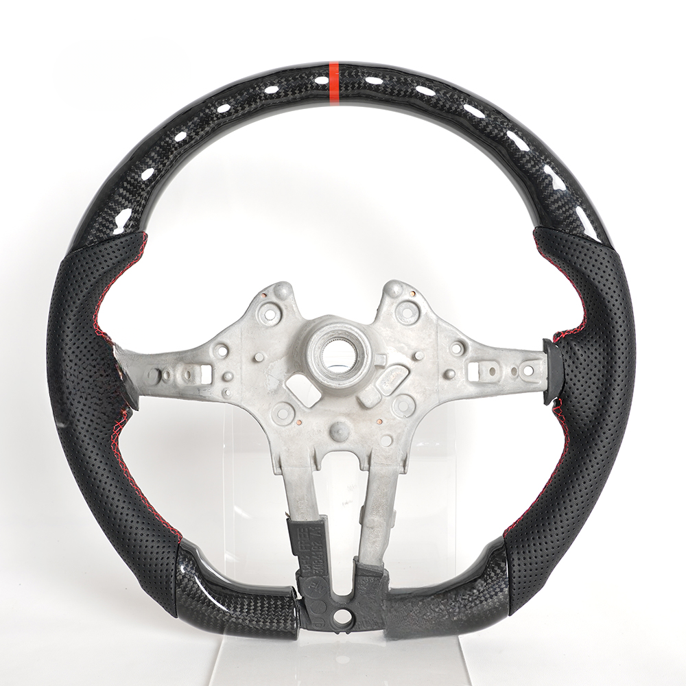 Vekto real carbon fiber BMW F-Series steering wheel with tri-color or red stripe design, featuring a sporty, lightweight look.