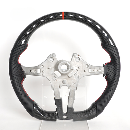 Vekto real carbon fiber BMW F-Series steering wheel with tri-color or red stripe design, featuring a sporty, lightweight look.