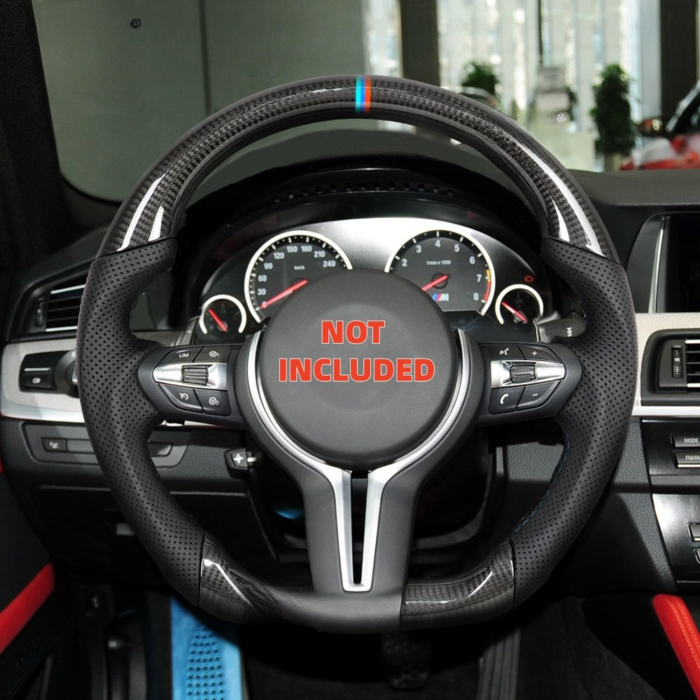 Vekto carbon fiber steering wheel for BMW F Series 2011+ showing close-up of textured black carbon fiber surface and grip area.