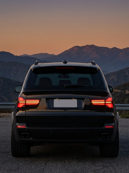 BMW X5 E70 tail light assembly with 35W LED running lights and dynamic turn signal, compatible with 2007-2013 models by K2 Industries.