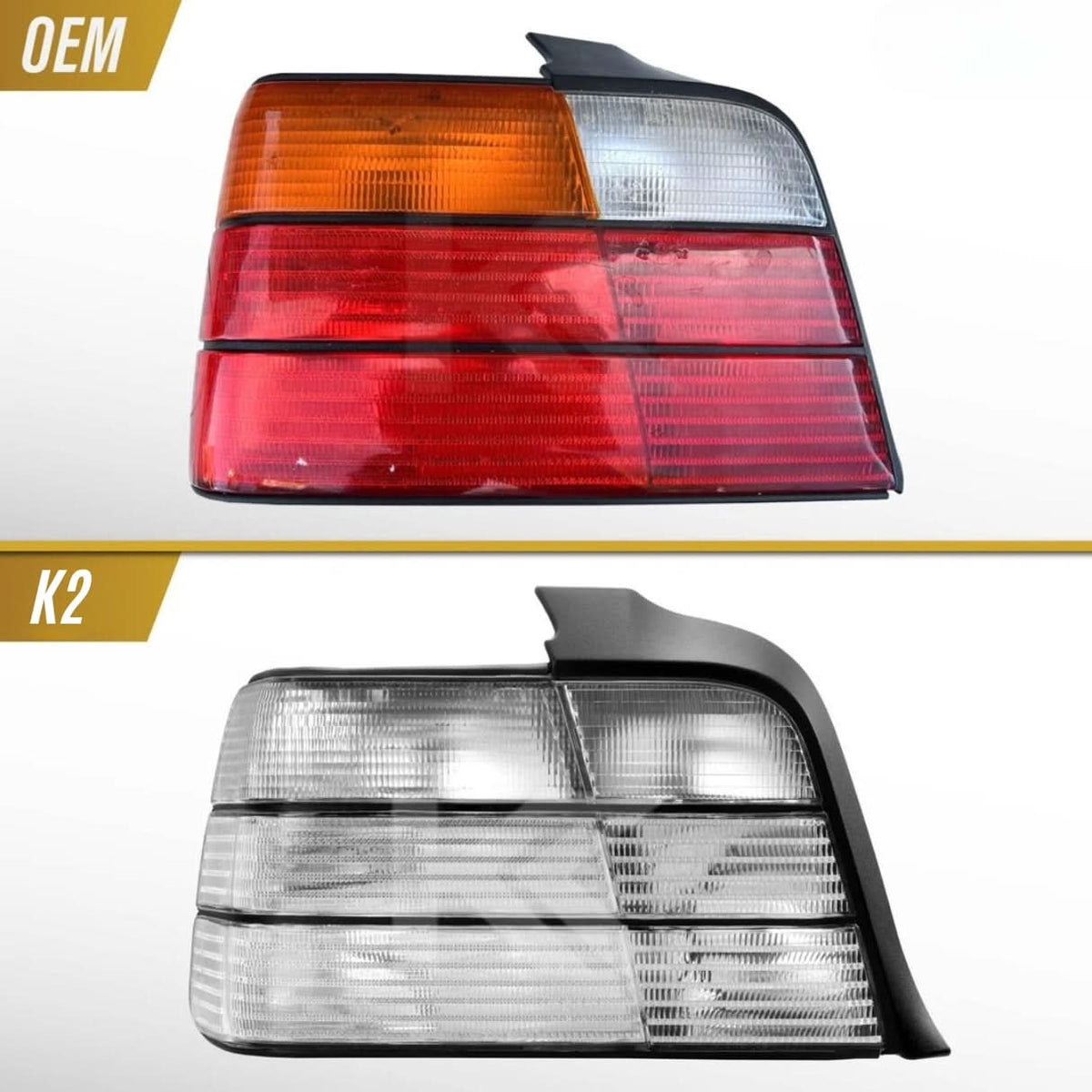 BMW 3 Series E36 tail lights by K2 Industries with clear frosted lens, designed for 1992-1998 model year vehicles.