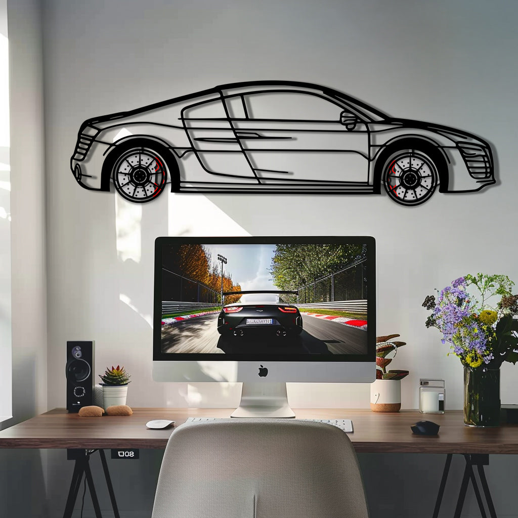Audi R8 Metal Car Wall Art with Rotating Wheels - Exotic Supercar Silhouette Decor - Interactive Automotive Wall Art KAFMEKA096