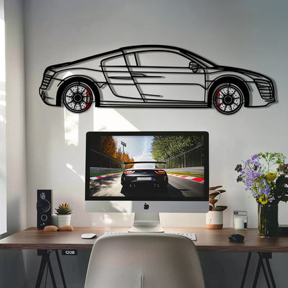 Audi R8 Metal Car Wall Art with Rotating Wheels - Exotic Supercar Silhouette Decor - Interactive Automotive Wall Art KAFMEKA096