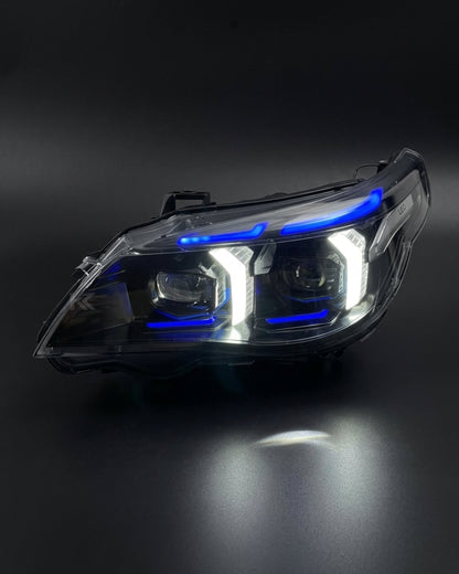 BMW 5 Series E60 headlight assembly with snake eye LED and dual-color DRL, featuring clear lens and modern design from K2 Industries.