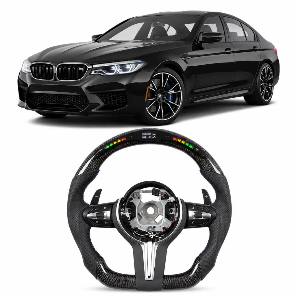 Vekto BMW E90/E91/E92/E93 M3 and E70/E71/E72/X1 M Performance steering wheel, black leather with silver accents and control buttons.