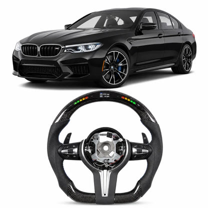 Vekto BMW E90/E91/E92/E93 M3 and E70/E71/E72/X1 M Performance steering wheel, black leather with silver accents and control buttons.