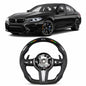Vekto BMW E90/E91/E92/E93 M3 and E70/E71/E72/X1 M Performance steering wheel, black leather with silver accents and control buttons.