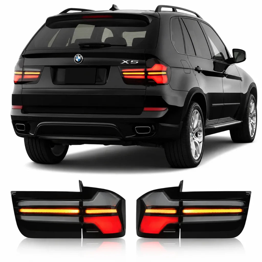 Vekto LED tail lights for BMW X5 E70 rear lamp assembly, 2007-2013, showing the illuminated taillight design on the vehicle.