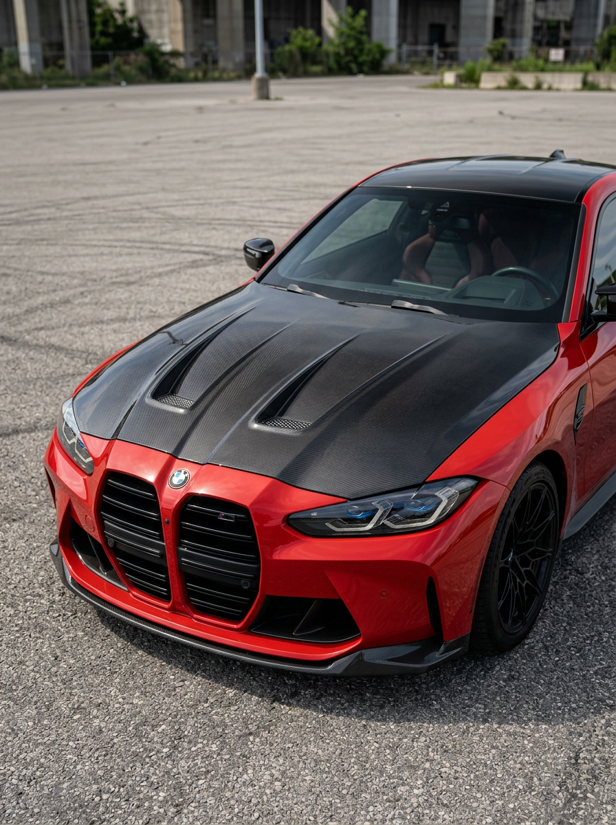 K2 Industries carbon fiber front hood for BMW 3 Series G80/G81 M3 and 4 Series G82/G83 M4, showcasing sleek, lightweight design.