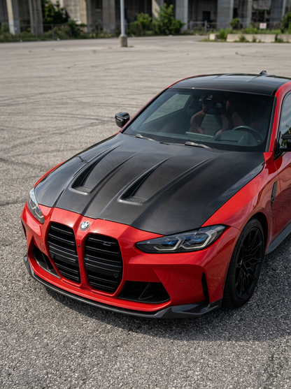 K2 Industries carbon fiber front hood for BMW 3 Series G80/G81 M3 and 4 Series G82/G83 M4, showcasing sleek, lightweight design.
