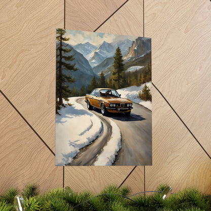 1973 BMW 30 CSL Wall Art Inka Orange Bronze Alpine Mountain Pass Snow Road Poster Classic German Sports Coupe Oil Painting Fine Art Print for Home Office Decor