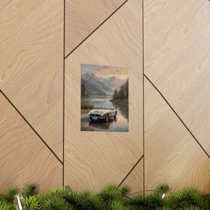 Vintage 1957 BMW 507 Roadster Poster | Alpine Lake Sunset Reflection Wall Art | Impressionist European Classic Sports Car Fine Art Paper Print