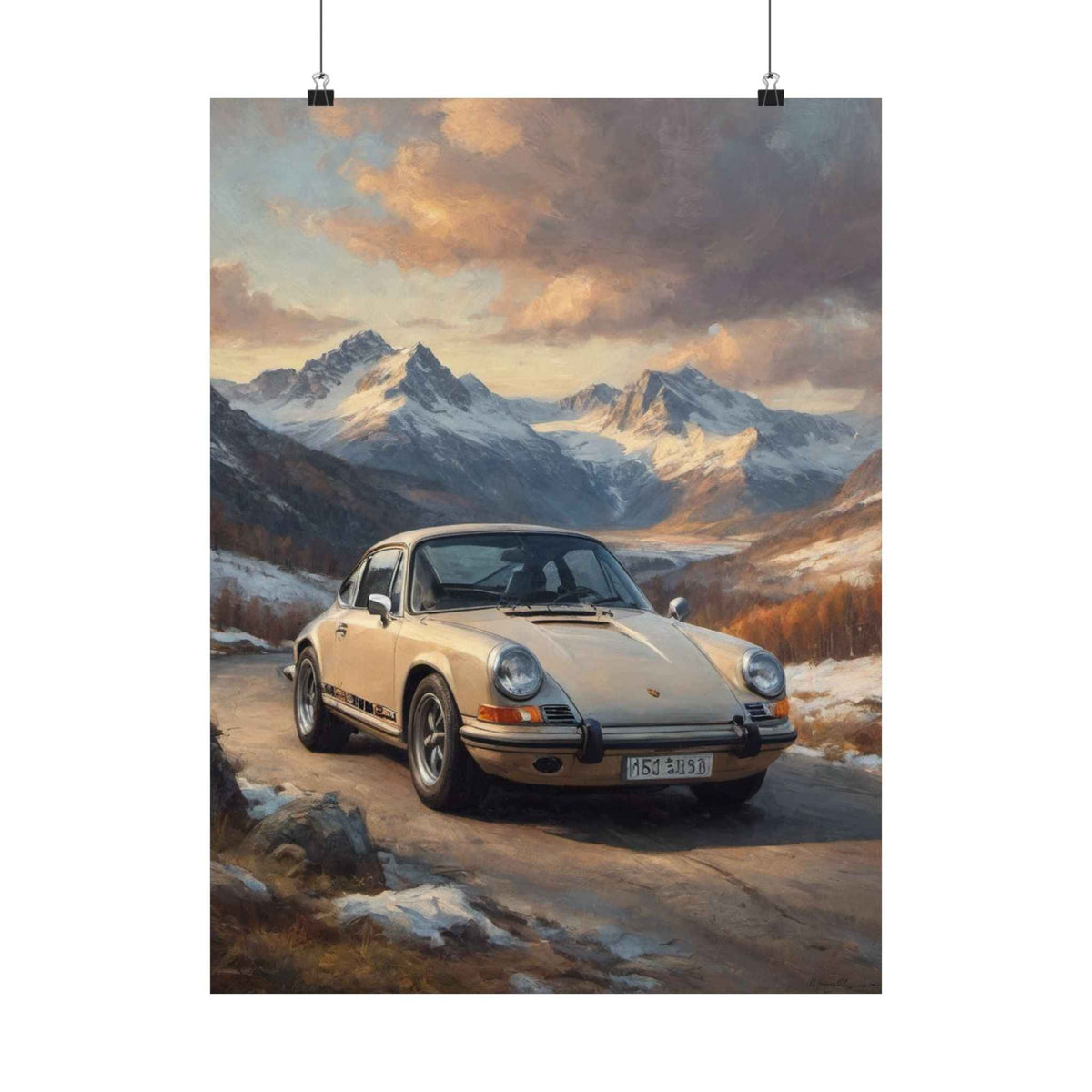 1973 Porsche 911 Wall Art Beige Sahara Grey Snow Capped Alps Alpine Pass Sunset Poster Classic German Sports Car Oil Painting Fine Art Print for Home Office Decor