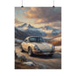 1973 Porsche 911 Wall Art Beige Sahara Grey Snow Capped Alps Alpine Pass Sunset Poster Classic German Sports Car Oil Painting Fine Art Print for Home Office Decor