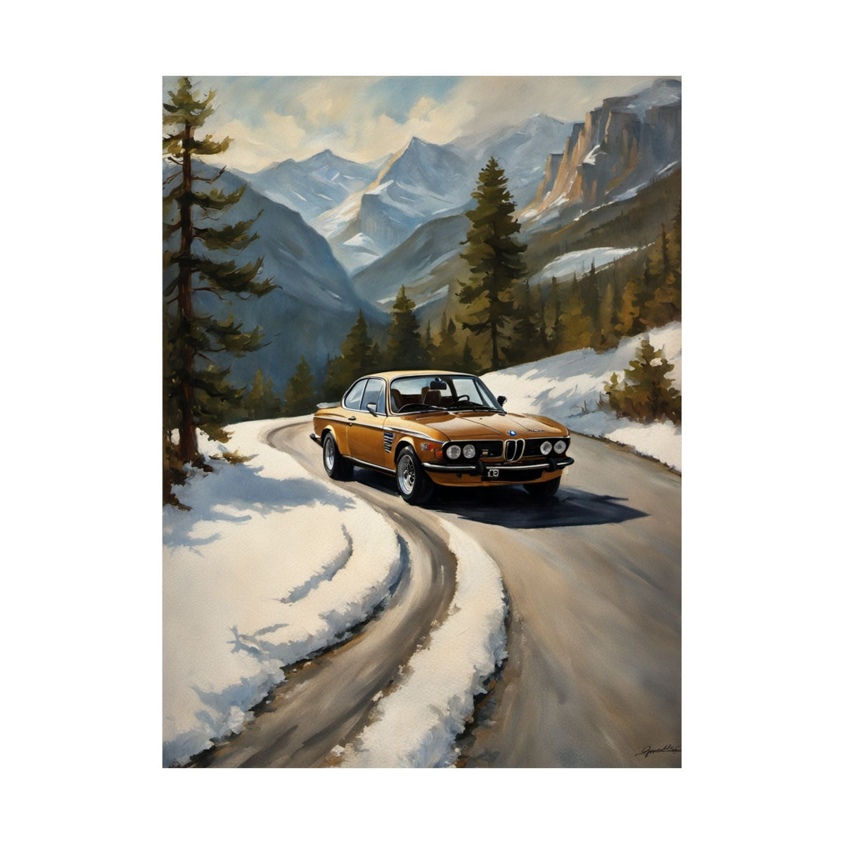 1973 BMW 30 CSL Wall Art Inka Orange Bronze Alpine Mountain Pass Snow Road Poster Classic German Sports Coupe Oil Painting Fine Art Print for Home Office Decor