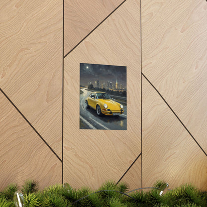 1973 Porsche 911 Wall Art Signal Yellow Night Highway City Skyline Full Moon Poster Classic German Sports Car Oil Painting Fine Art Print for Home Office Decor