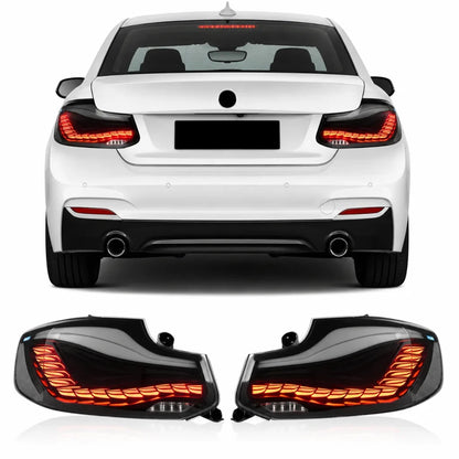 BMW 2 Series F22/F23 Vekto Dragon Scale GTS Style LED taillights assembly showing sleek tail light design and LED lighting features.