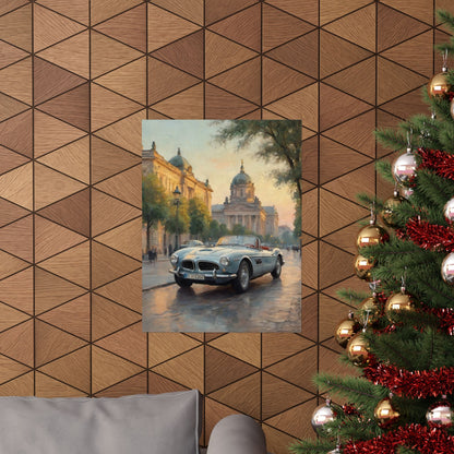 Vintage 1957 BMW 507 Roadster Poster | European City Boulevard Sunset Wall Art | Impressionist European Classic Sports Car Fine Art Paper Print