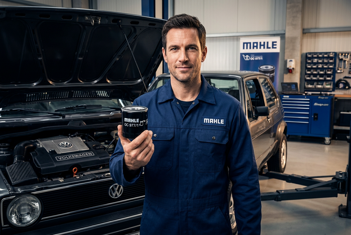 MAHLE OC 977/1 engine oil filter for Audi, VW, Porsche vehicles, shown in a clear image with brand label and filter details.