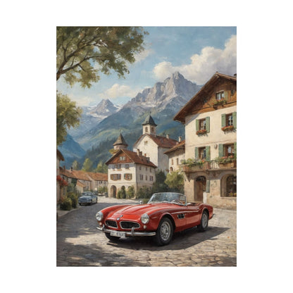 Vintage 1957 BMW 507 Roadster Poster | Bavarian Alpine Village Wall Art | Impressionist European Classic Sports Car Fine Art Paper Print