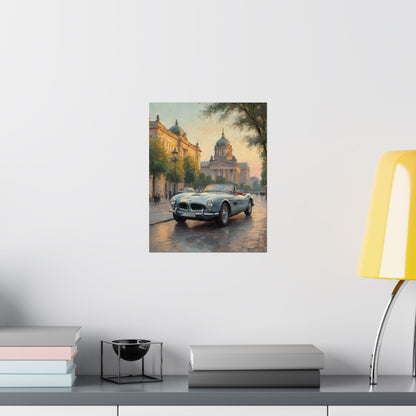 Vintage 1957 BMW 507 Roadster Poster | European City Boulevard Sunset Wall Art | Impressionist European Classic Sports Car Fine Art Paper Print
