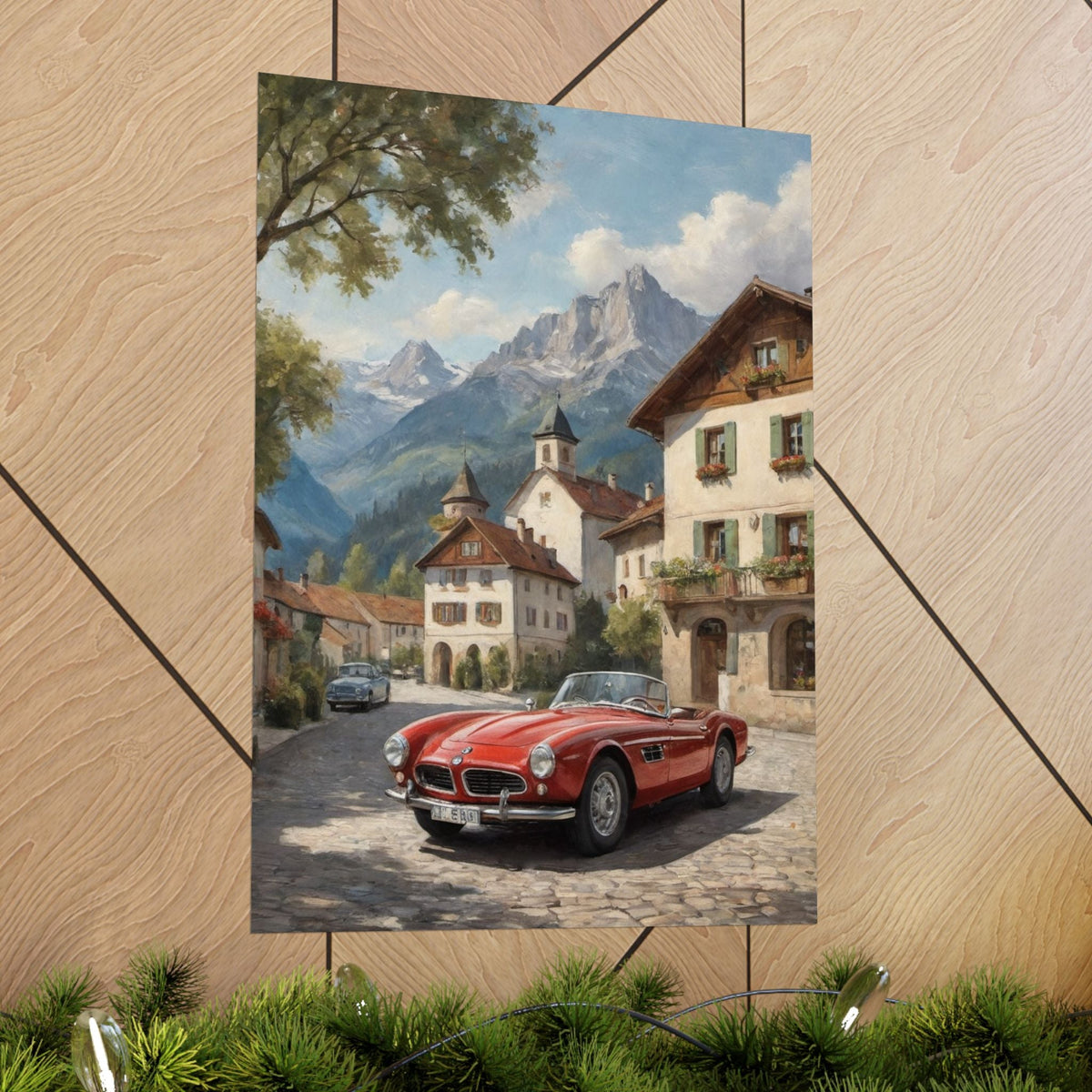 Vintage 1957 BMW 507 Roadster Poster | Bavarian Alpine Village Wall Art | Impressionist European Classic Sports Car Fine Art Paper Print