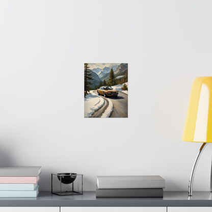 1973 BMW 30 CSL Wall Art Inka Orange Bronze Alpine Mountain Pass Snow Road Poster Classic German Sports Coupe Oil Painting Fine Art Print for Home Office Decor