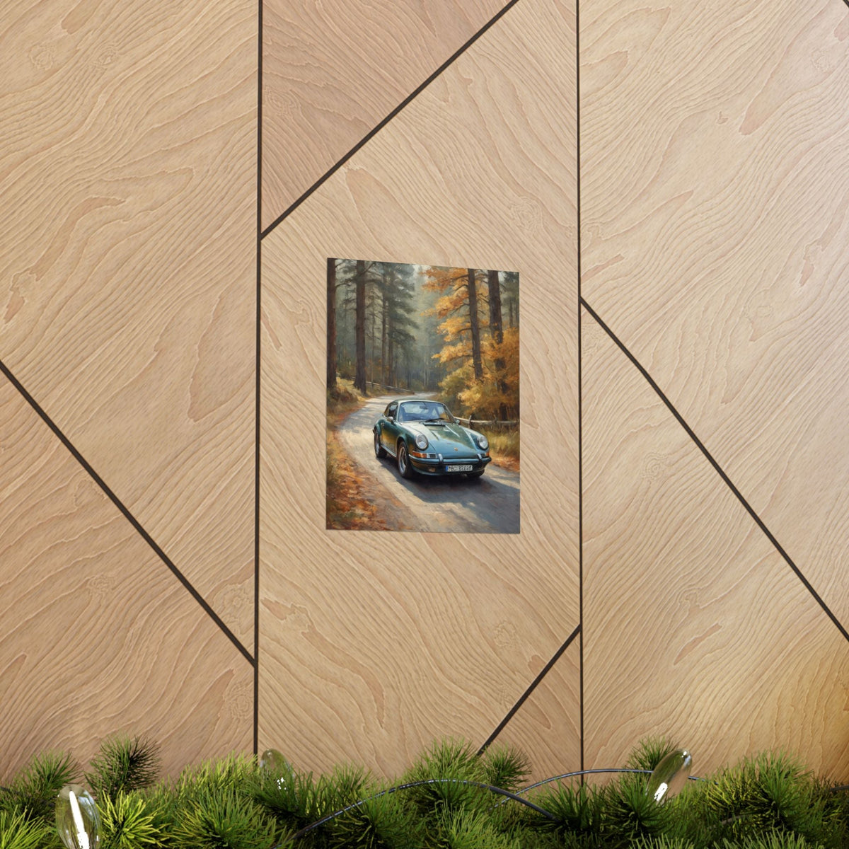 1973 Porsche 911 Wall Art Forest Green Autumn Pine Forest Dirt Road Poster Classic German Sports Car Oil Painting Fine Art Print for Home Office Decor