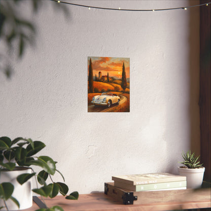 Vintage 1956 Porsche 356 Speedster Poster | Tuscan Countryside Sunset Wall Art | Impressionist European Classic Sports Car Fine Art Paper Print