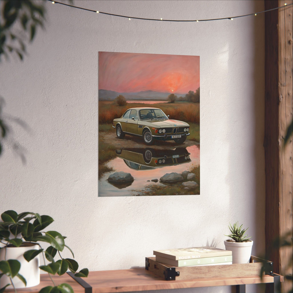 1973 BMW 30 CSL Wall Art Polaris Silver Gold Lake Sunset Water Reflection Poster Classic German Sports Coupe Oil Painting Fine Art Print for Home Office Decor