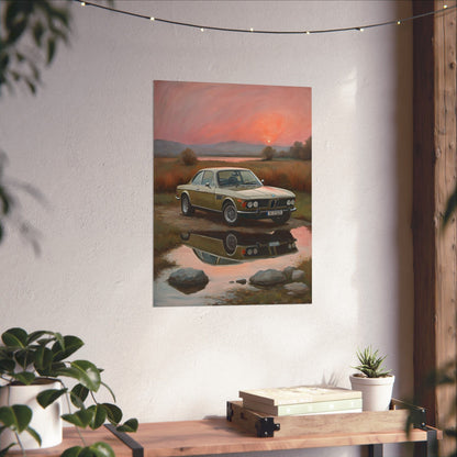 1973 BMW 30 CSL Wall Art Polaris Silver Gold Lake Sunset Water Reflection Poster Classic German Sports Coupe Oil Painting Fine Art Print for Home Office Decor