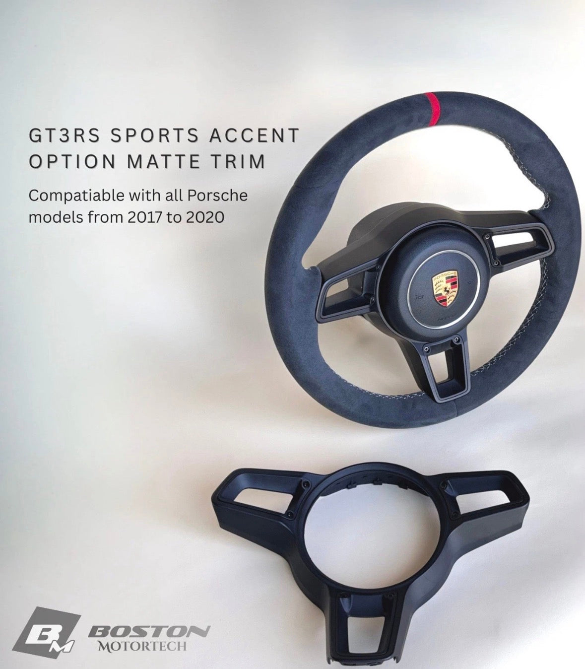 Red manual Porsche 991.2 steering wheel by Boston Motortech, showing detailed leather grip and sporty design.