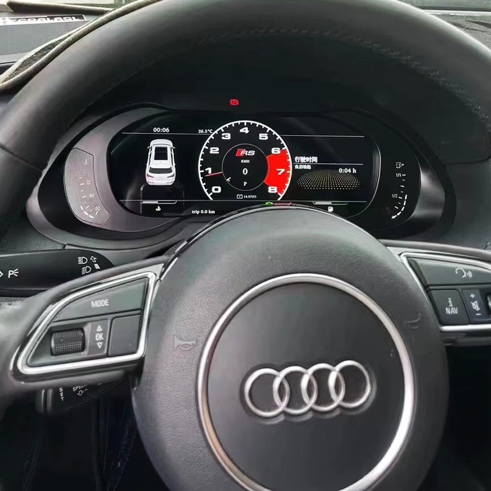 Audi A4 A5 Q5 S4 S5 B8 digital LCD dashboard cluster by Carlinklife®, showing a modern instrument gauge display inside the vehicle.