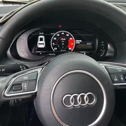 Audi A4 A5 Q5 S4 S5 B8 digital LCD dashboard cluster by Carlinklife®, showing a modern instrument gauge display inside the vehicle.