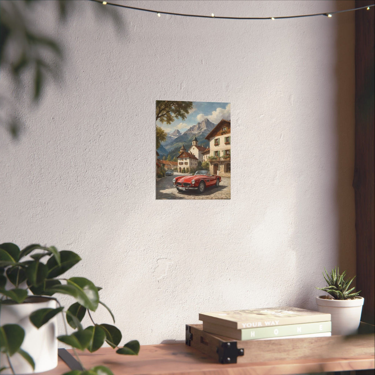 Vintage 1957 BMW 507 Roadster Poster | Bavarian Alpine Village Wall Art | Impressionist European Classic Sports Car Fine Art Paper Print