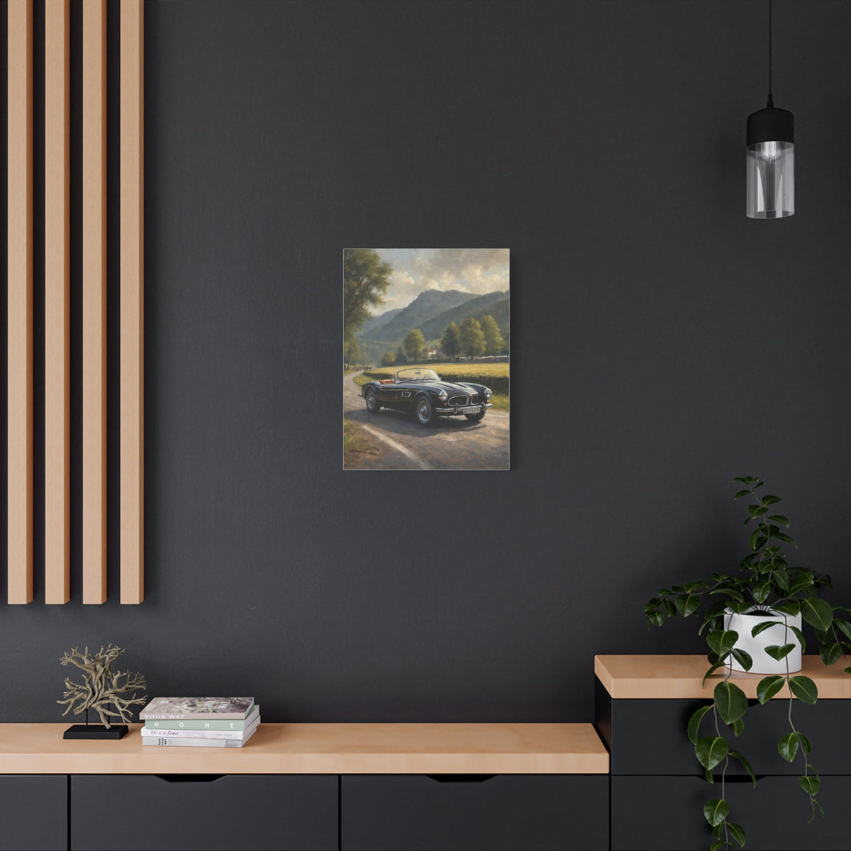 Vintage 1957 BMW 507 Roadster Canvas Wall Art | Countryside Mountain Road Canvas Print | Impressionist Classic European Sports Car Art for Living Room & Office