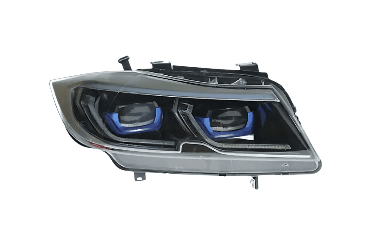 Pair of BMW 3-Series E90 modern style headlights by K2 Industries for 2005-2012 model, with clear lens and sleek design.