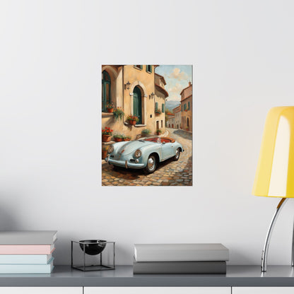 Vintage 1956 Porsche 356 Speedster Poster | Italian Village Street Wall Art | Impressionist European Classic Sports Car Fine Art Paper Print
