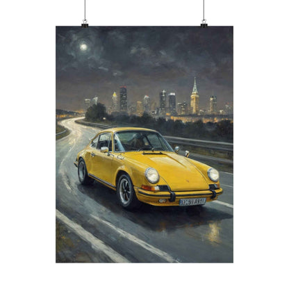 1973 Porsche 911 Wall Art Signal Yellow Night Highway City Skyline Full Moon Poster Classic German Sports Car Oil Painting Fine Art Print for Home Office Decor