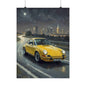 1973 Porsche 911 Wall Art Signal Yellow Night Highway City Skyline Full Moon Poster Classic German Sports Car Oil Painting Fine Art Print for Home Office Decor